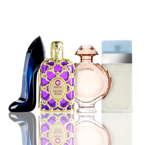 Set di 4 profumi | Light Blue + Orientica Velvet Gold + Good Girl + Olympea 100 ml